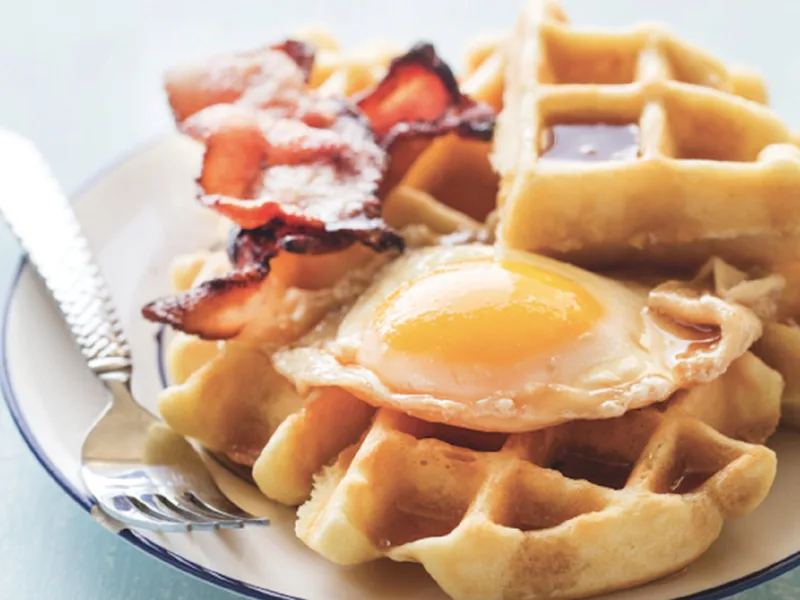 Maple-Poached Eggs With Crispy Waffles And Bacon