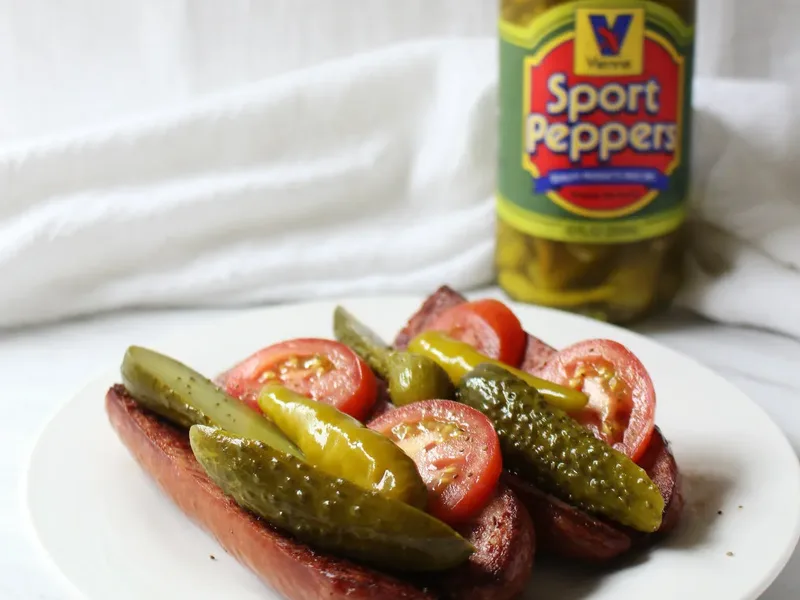 Chicago Style Grilled Kielbasa with Pickles and Sport Peppers