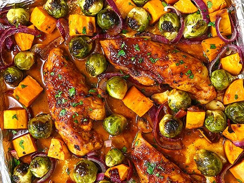 One Sheet Honey Mustard Chicken with Roasted Sweet Potatoes