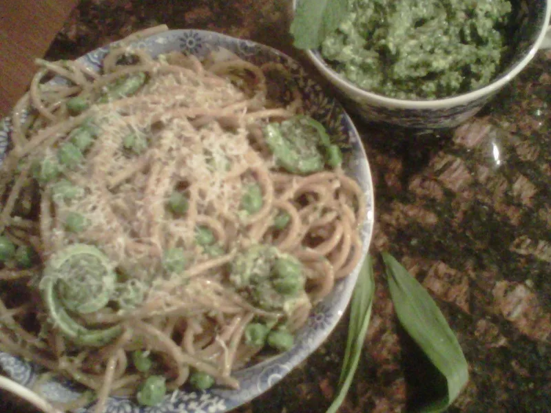 Ramp and Watercress Pesto Pasta with Fiddleheads and Peas