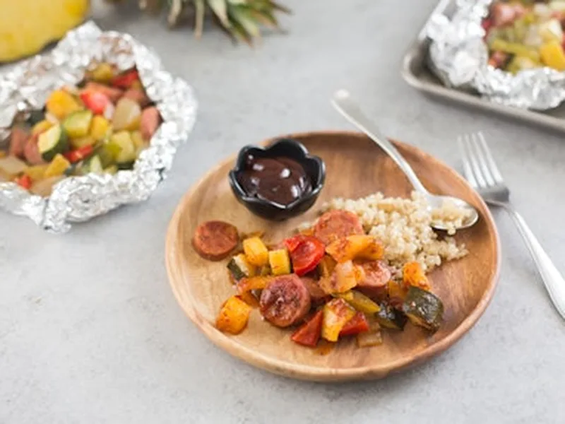 Foil Packet Hawaiian BBQ Sausage with Pineapple and Veggies