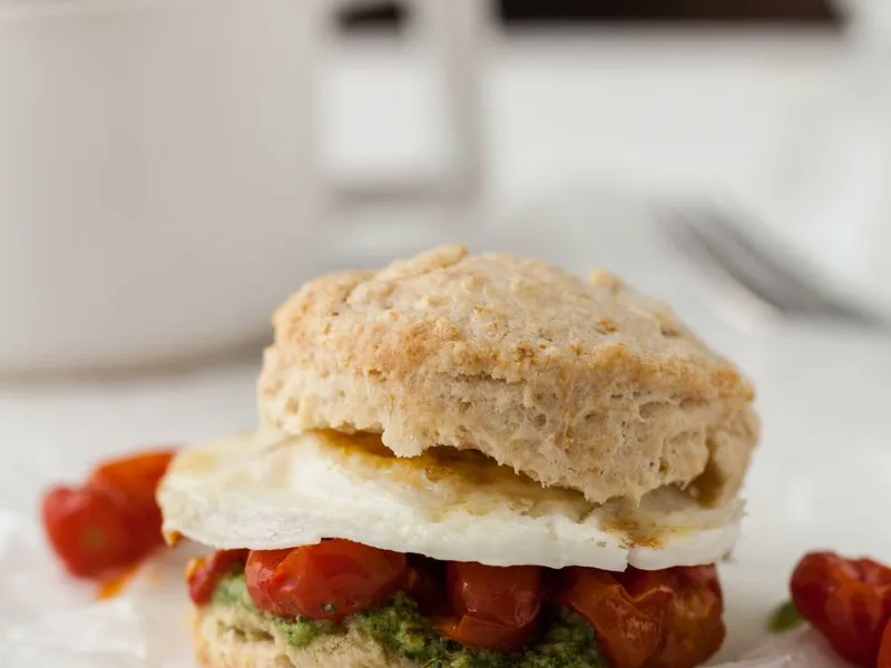 Roasted Tomato Pesto Biscuit Sandwich with Egg