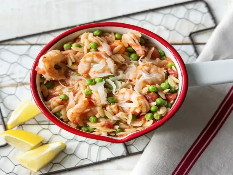 One-Pot Shrimp and Orzo with Peas and Lemon