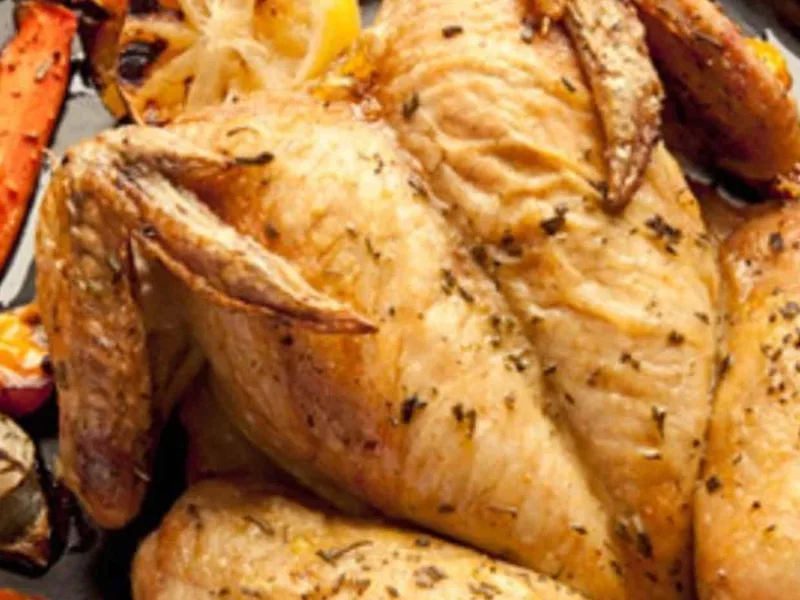Butterflied Roasted Chicken with Vegetables and Fresh Rosemary