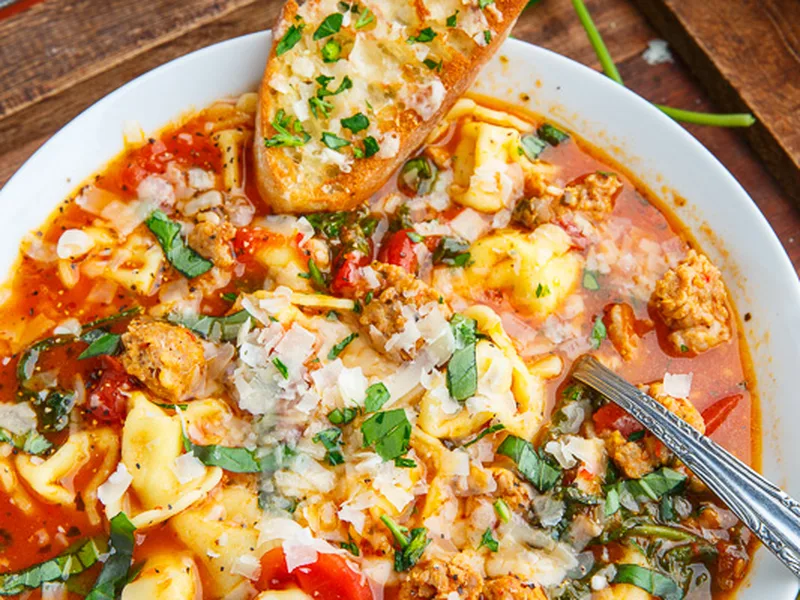 Italian Sausage Tortellini Soup with Spinach and Parmesan