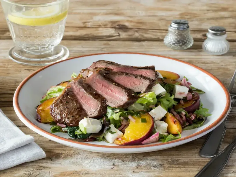 Seared Steak and Charred Nectarine Salad with Feta and Pecans