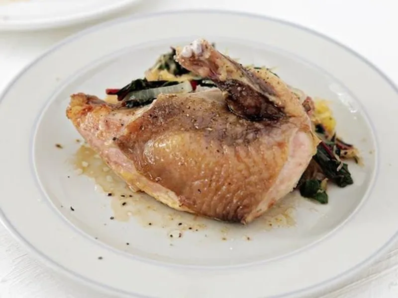 Roasted Guinea Hen with Wilted Chard and Spaghetti Squash