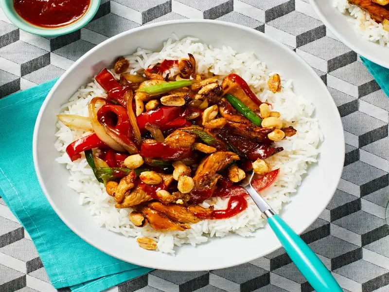 Chicken Teriyaki Bowls with Bell Pepper and Peanuts