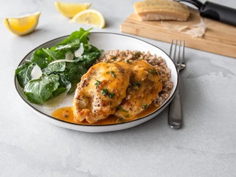 Pan-Seared Chicken Paillard with White Wine Sauce and Bulgur