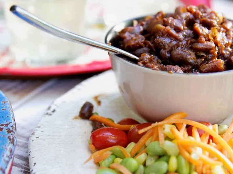 Slow Cooker Bourbon Maple BBQ Beans with Smoky Sweet Glaze