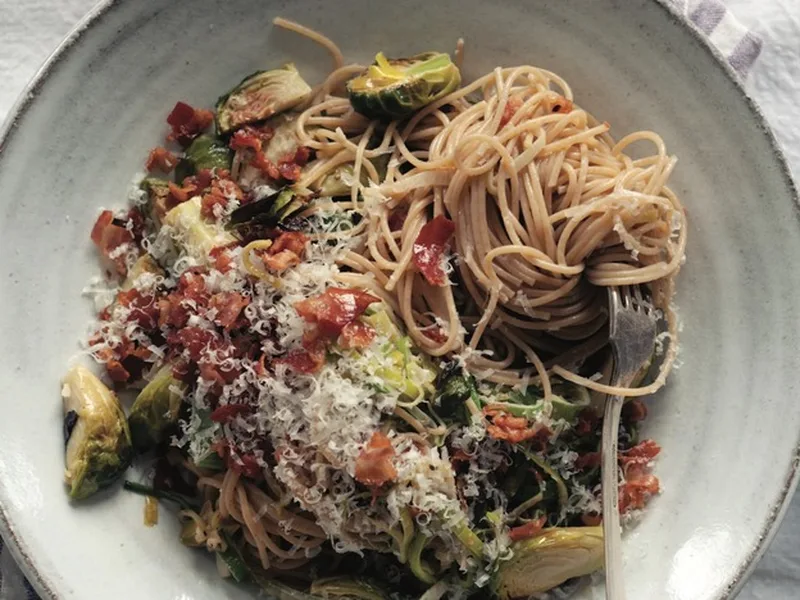 Roasted Brussels Sprouts Spaghetti with Pancetta Cream Sauce