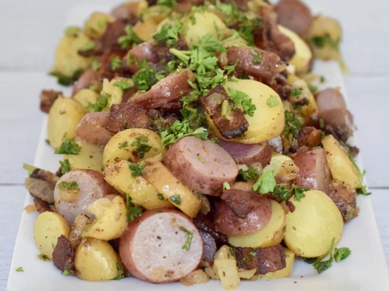 Warm German Potato Salad with Bacon and Apple Cider Vinegar