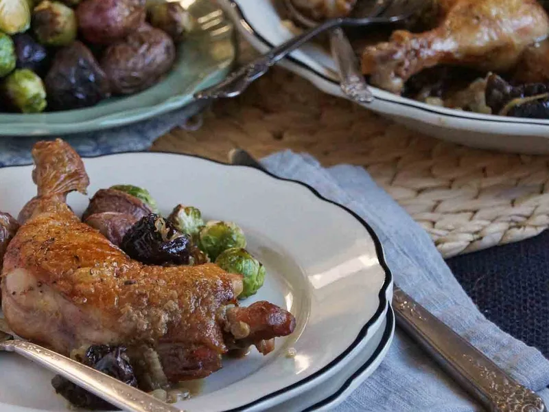 Braised Chicken Legs with Prunes, Brandy, and Dijon