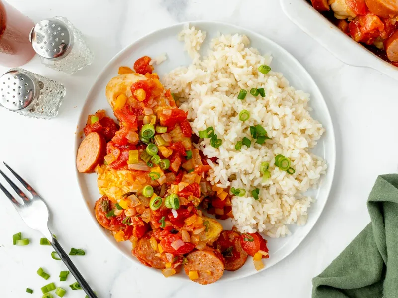 Baked Creole Chicken with Andouille and Tomato Sauce