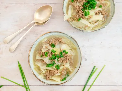 Low Carb Cabbage and Ground Beef Soup with Fresh Chives