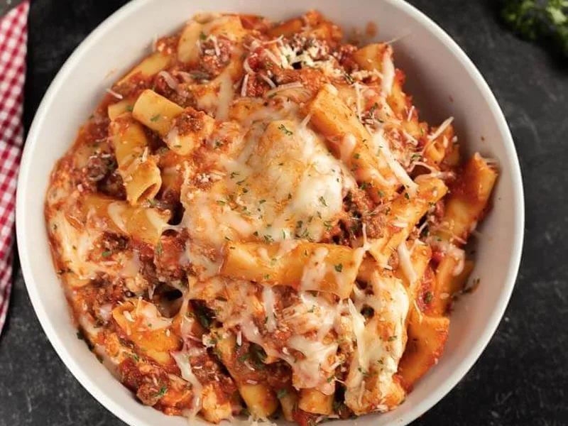 Slow Cooker Baked Ziti with Ground Beef and Three Cheeses