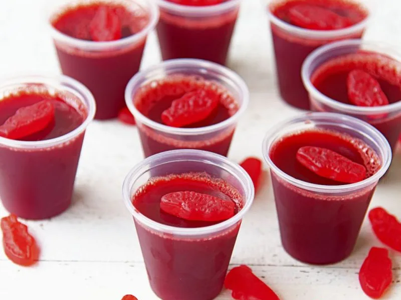 Swedish Fish Cherry Vodka Jelly Shots with Lingonberry