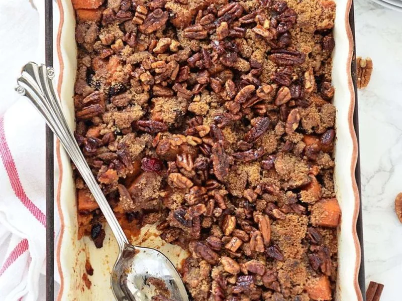 Roasted Sweet Potatoes with Cinnamon Pecan Crunch