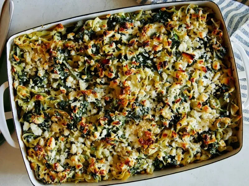Gluten-Free Spinach Feta Noodle Kugel Baked Casserole