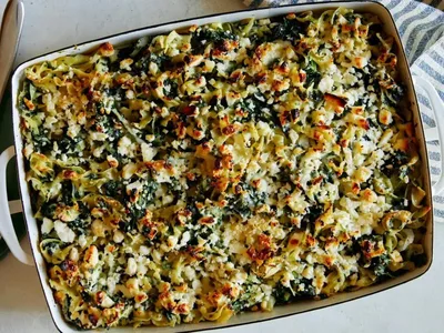 Gluten-Free Spinach Feta Noodle Kugel Baked Casserole