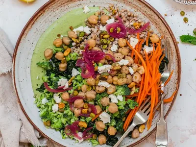 Chopped Broccoli Chickpea Salad with Green Tahini