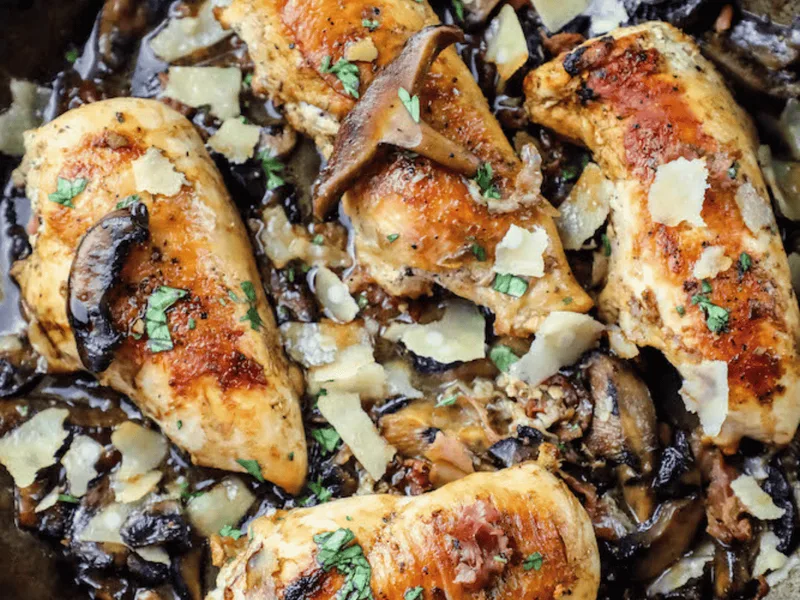 Skillet Balsamic Chicken with Prosciutto and Mushrooms