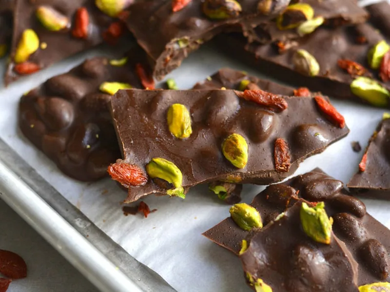 Dark Chocolate Pistachio Bark with Goji Berries