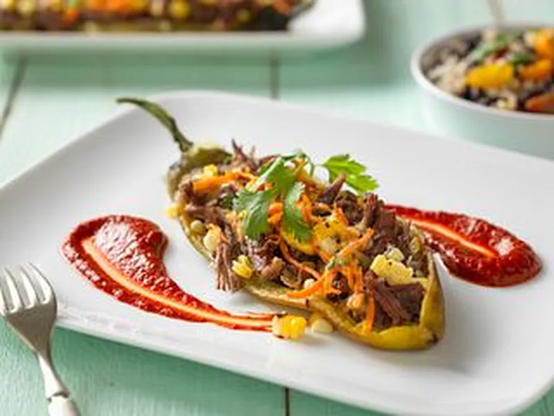 Pressure Cooker Shredded Beef Chile Rellenos with Guajillo