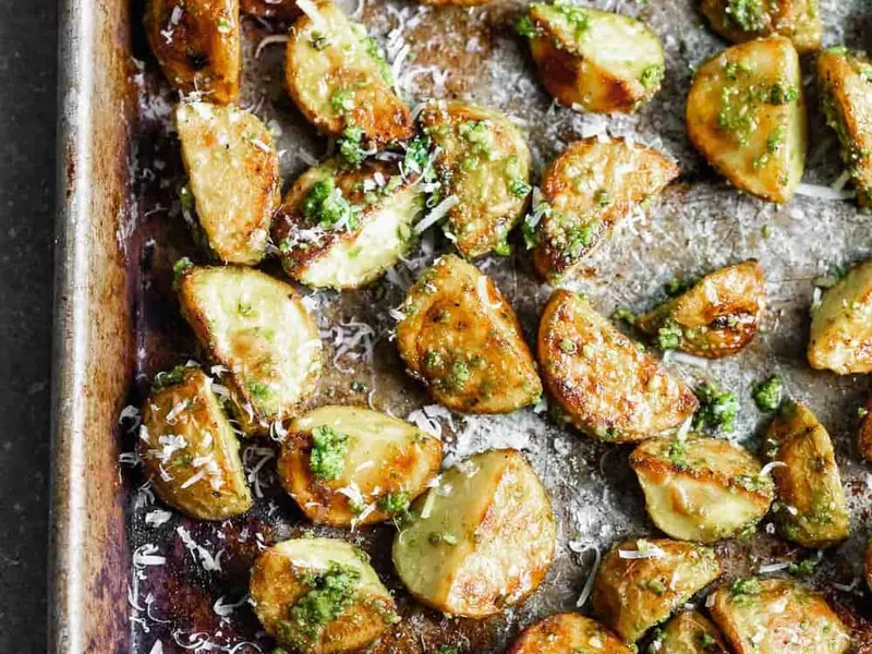 Crispy Roasted Baby Potatoes with Pesto and Parmesan
