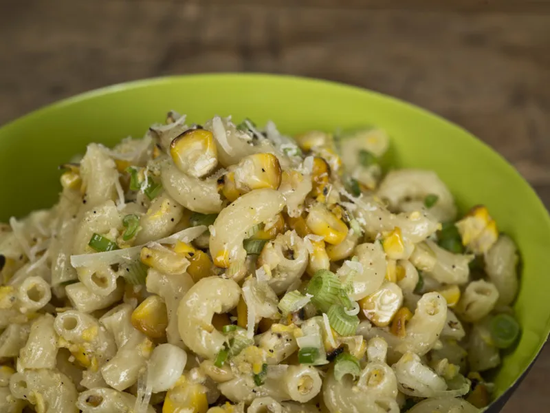 Grilled Corn Pesto Macaroni Salad with Pine Nuts and Parmesan