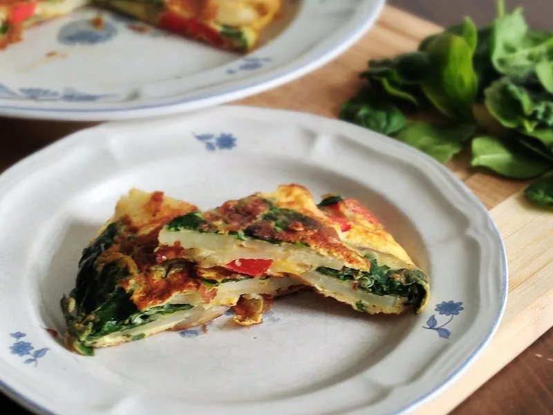 Spanish Potato Tortilla with Baby Spinach and Red Pepper