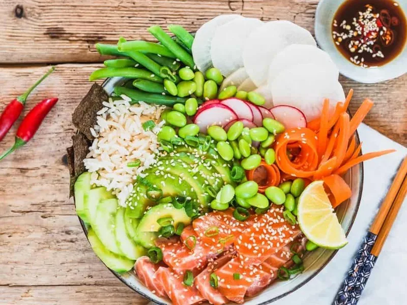 Air Fryer Salmon Sushi Bowl with Fresh Vegetables