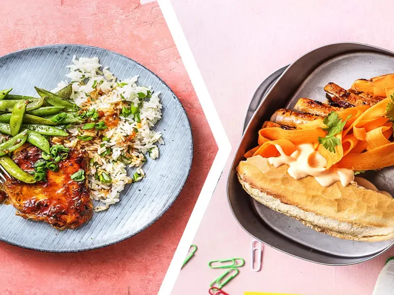 Sriracha Glazed Pork Chops with Thai Rice and Snap Peas