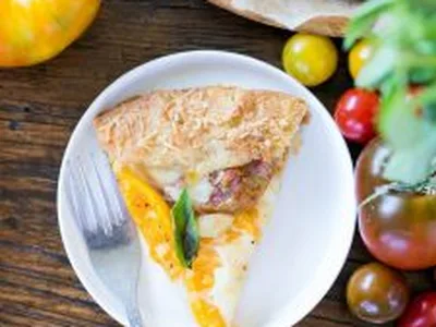 Gluten Free Heirloom Tomato Mozzarella Galette with Parmesan Crust
