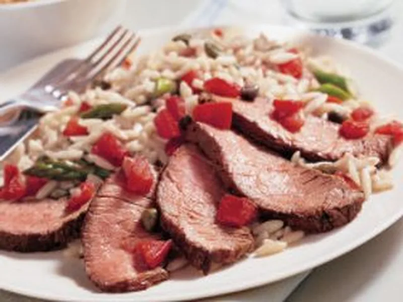 Pan-Seared Beef Sirloin with Tomato-Caper Orzo