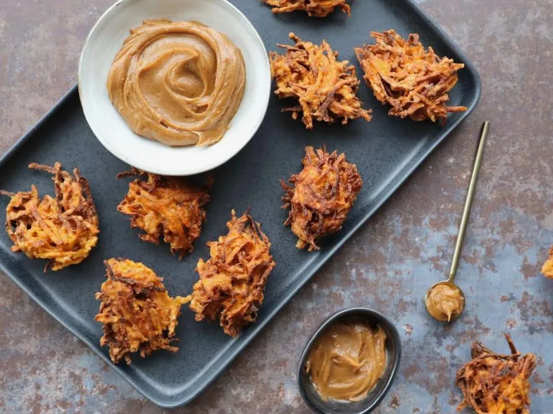 Crispy Sweet Potato Latkes with Spicy Peanut Dipping Sauce