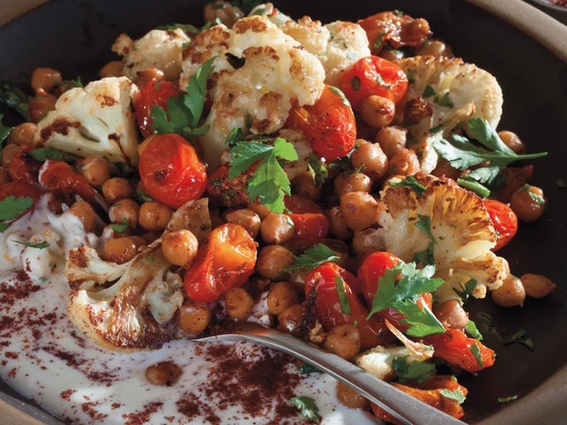Roasted Cauliflower Chickpea Feta Salad with Spiced Yogurt