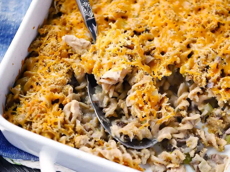 Homemade Tuna Casserole with Mushrooms and Cheddar
