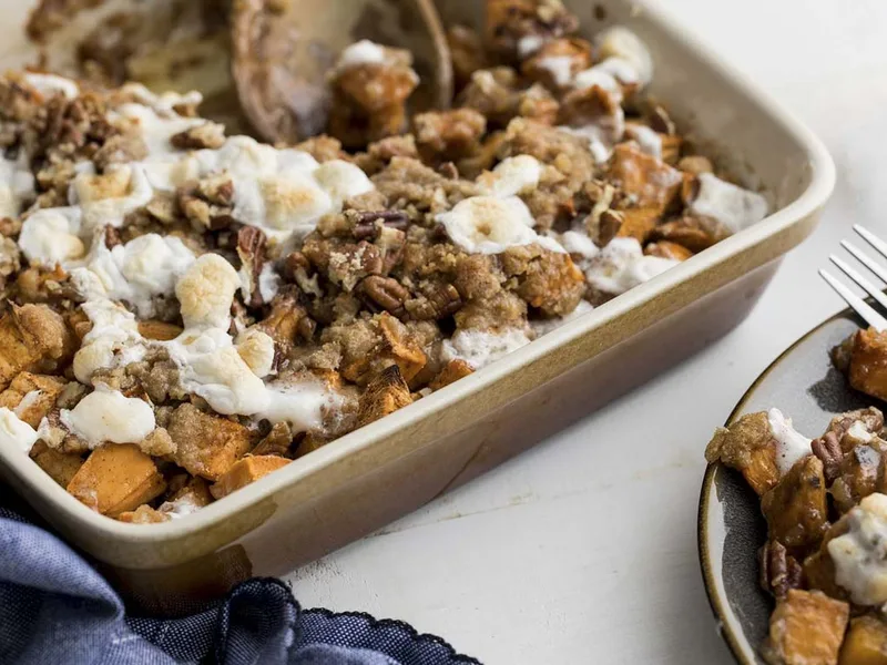 Candied Sweet Potato Casserole with Marshmallow Crumb Topping