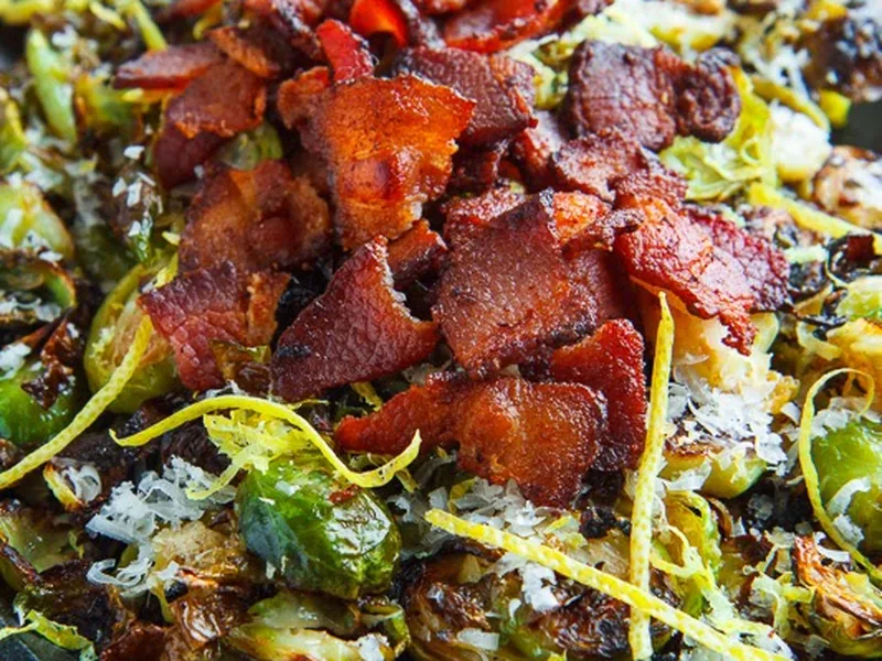Parmesan Roasted Brussels Sprouts with Double Smoked Bacon