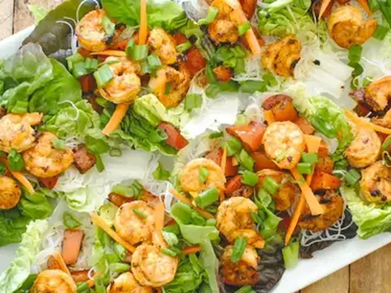 Spicy Sriracha Shrimp Lettuce Cups with Rice Noodles