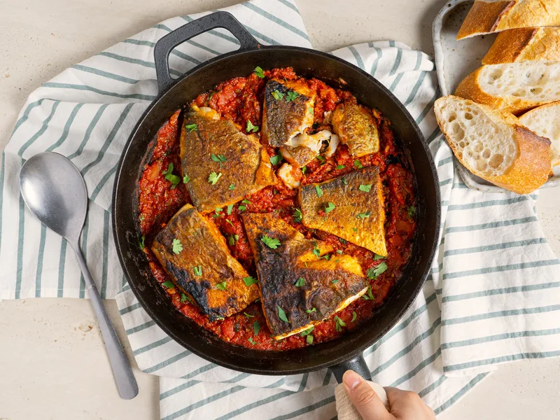 Pan-Fried Sea Bass with Spiced Tomato Sauce