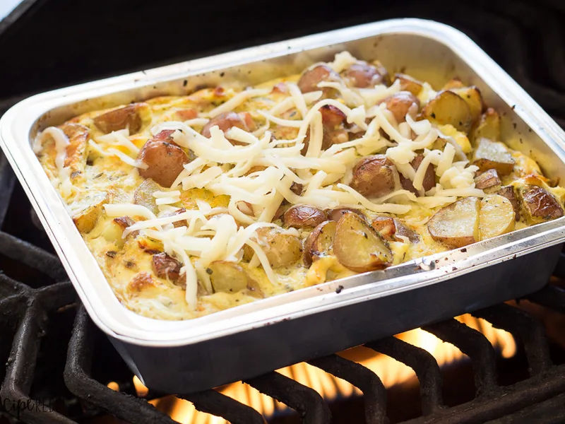 Grilled Breakfast Casserole with Potatoes, Ham, Eggs