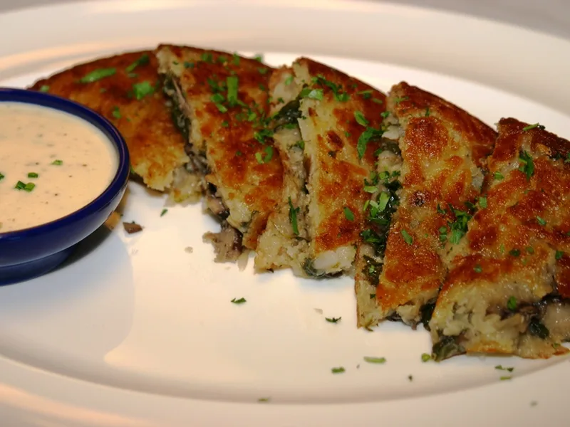 Spinach Wild Mushroom Potato Rosti with Garlic Herb Cream