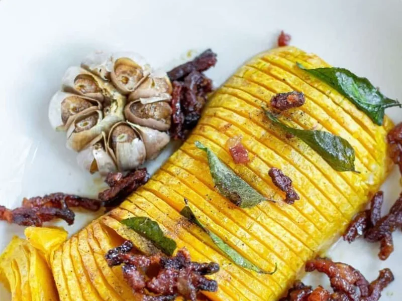 Air Fryer Hasselback Butternut Squash with Bacon and Honey