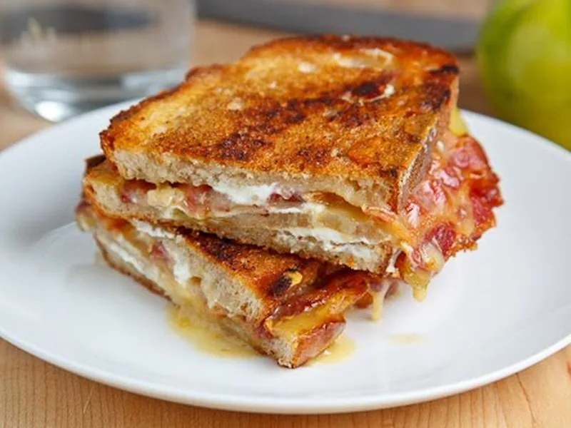 Grilled Brie and Goat Cheese Sandwich with Bacon and Green Tomato