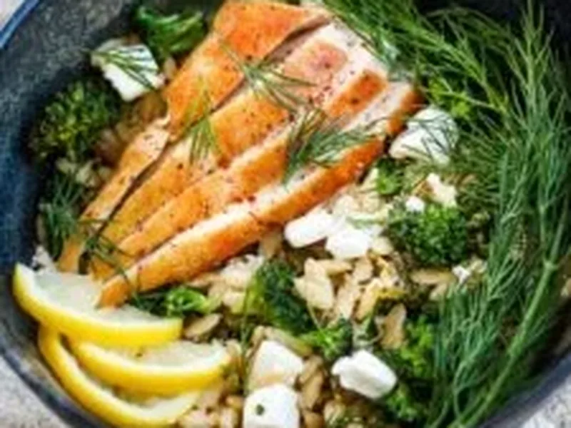 One-Skillet Broccoli Chicken Orzo with Lemon Feta