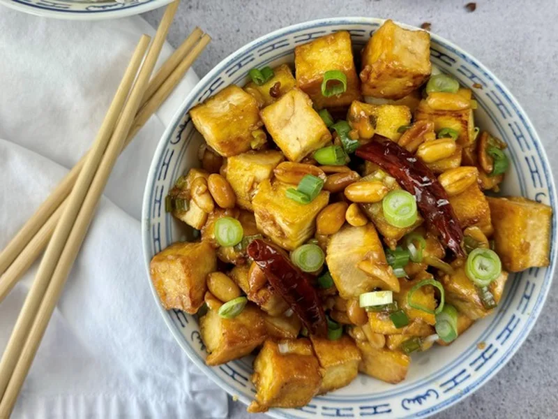 Crispy Pan-Fried Kung Pao Tofu with Peanuts