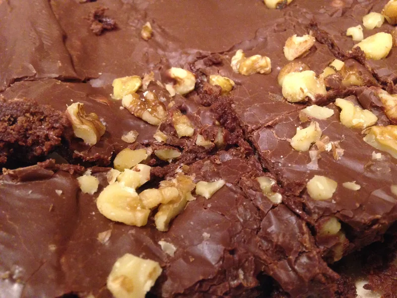 Fudge-Topped Brownies with Walnuts and Chocolate Coating
