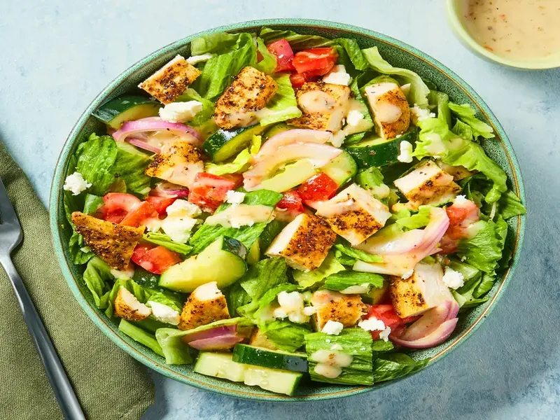 Greek Chicken Salad with Marinated Vegetables and Feta